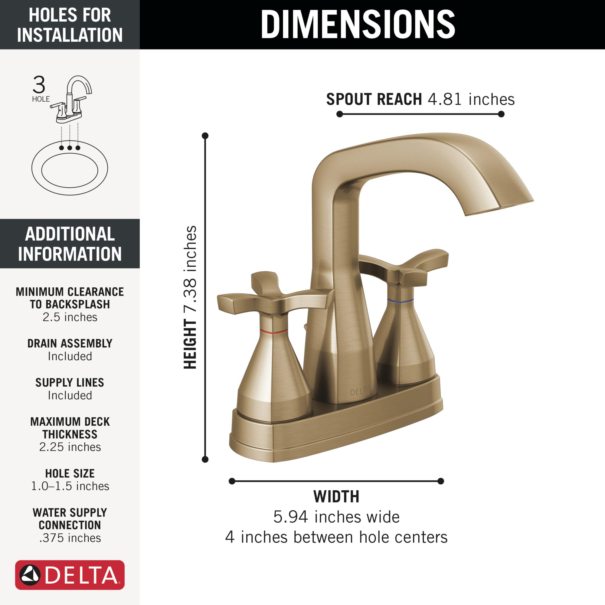 Delta Faucet Stryke Centerset Bathroom Faucet, Gold Centerset